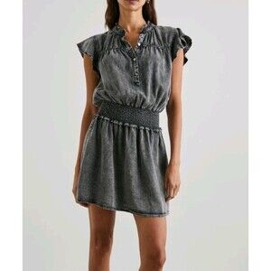 Rails Smocked Denim Ruffled Dress Linen Blend Womens Size Small Black Summer